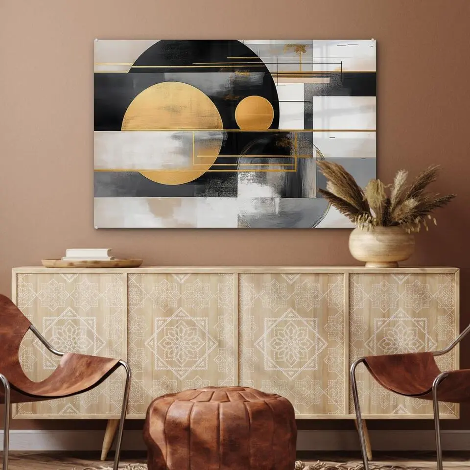 MuchoWow Glasschilderij 90x60cm Abstract Goud Zilver Vormen