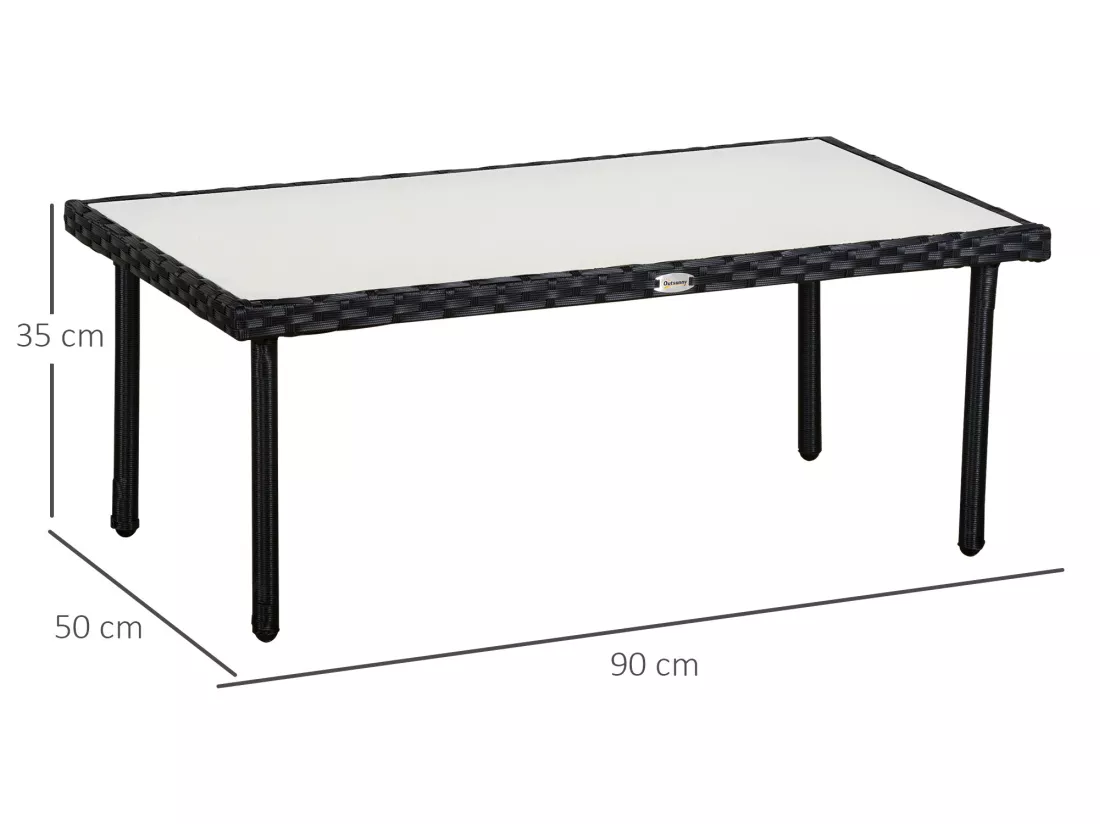 Table basse de jardin plateau verre trempé 5 mm résine tressée imitation rotin noir