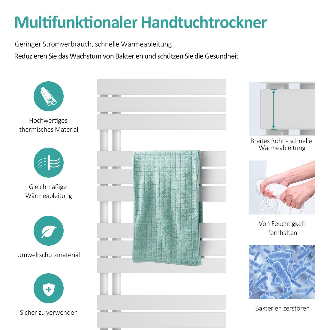 EMKE Badkamerradiator Plat 762x500 mm Wit, Kleine Handdoekverwarmer Handdoekdroger, Paneel Handdoekhouder Zijaansluiting voor Water 397W