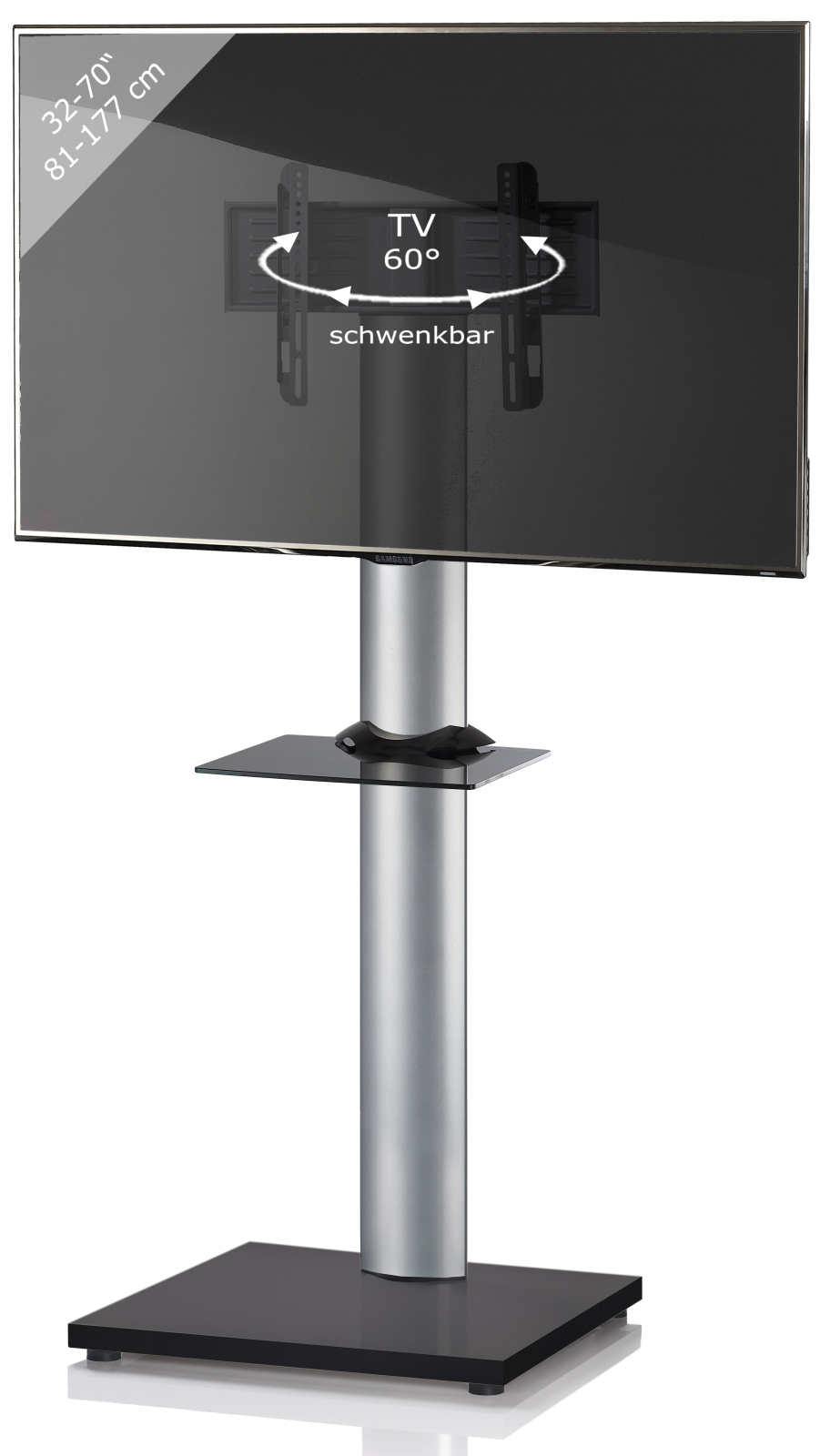 TV-Standfuß - silber - Schwarzlack - mit Ablage