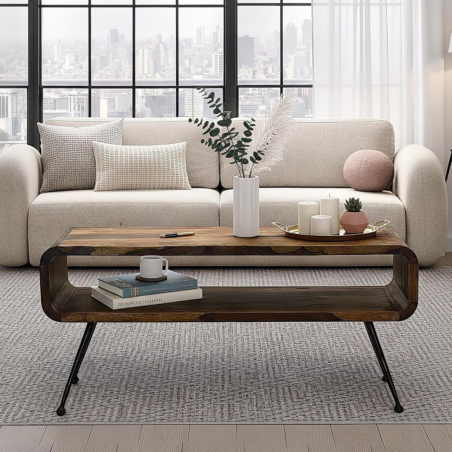 FineBuy Retro Couchtisch Sheesham Massivholz 100cm · Wohnzimmertisch rechteckig mit Ablagefach · Handgefertigter Sofatisch aus Holz mit Metallbeinen im Industrial Design