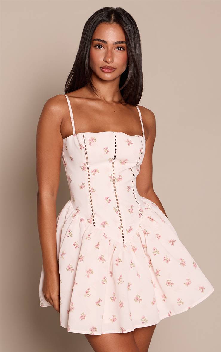 Rose Robe Courte Droite Petite Taille À Taille Basse, Encolure Carrée Et Imprimé Floral