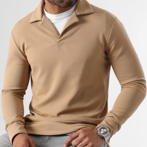 Pull Col Polo Texturé Waffle 0599 Beige Foncé