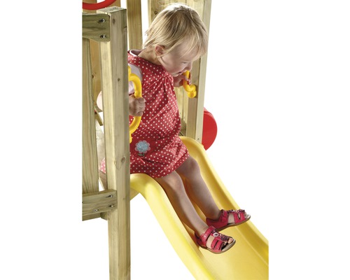 Speeltoren Plum voor peuters met babyschommel, brievenbus, stuur, bril en glijbaan, geel