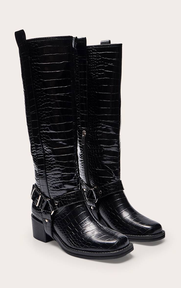 Noir Effet Croco Bottes Hautes À Détails Boucles Effet Croco Verni