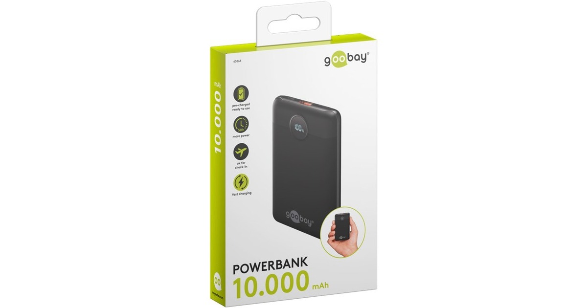 goobayPowerbank Compact 10.000 mAh  (Zwart, 10 Ah, 1x USB-A, 1x USB-C, Power Delivery, Quick Charge)