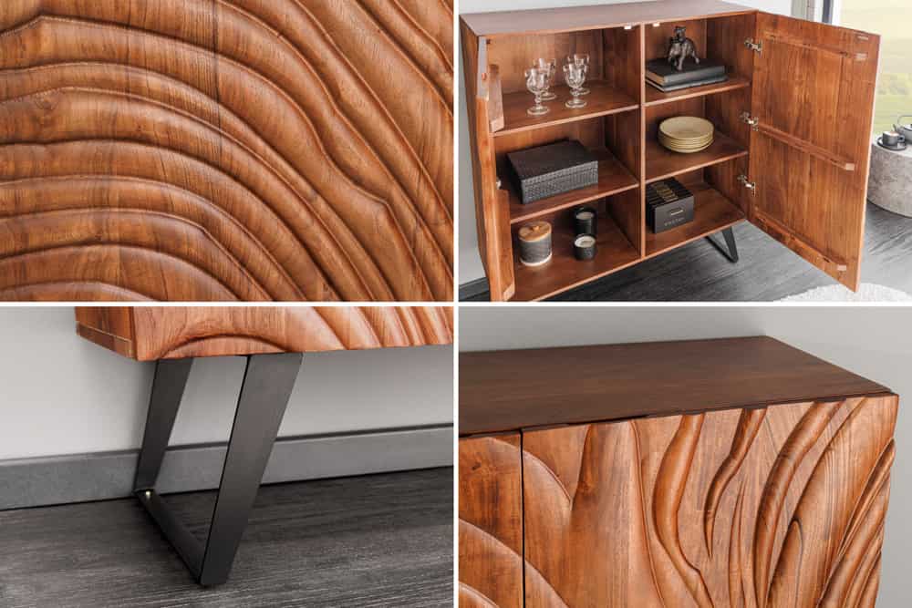 Massives Highboard FLUID 120cm walnuss-braun Akazienholz 3D-Design Kufengestell