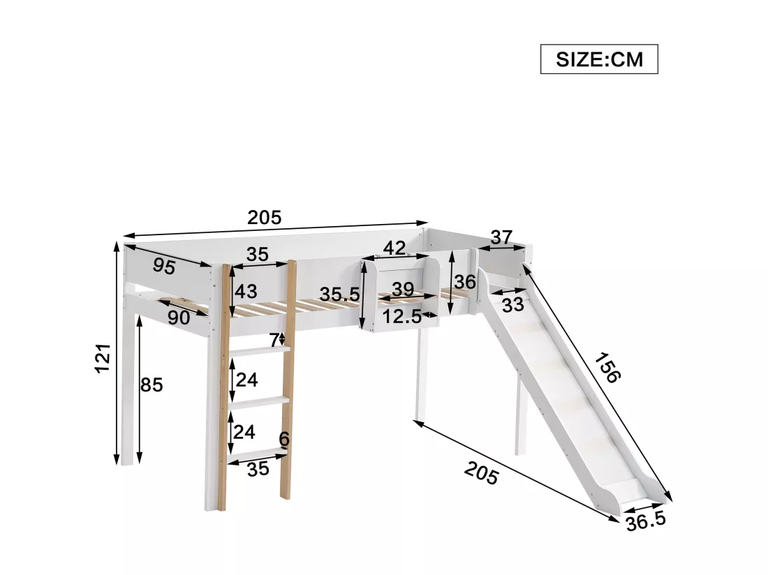 Lit mezzanine 90x200 cm avec une étagères amovible - avec échelle et toboggan - en bois de pin et MDF - Blanc