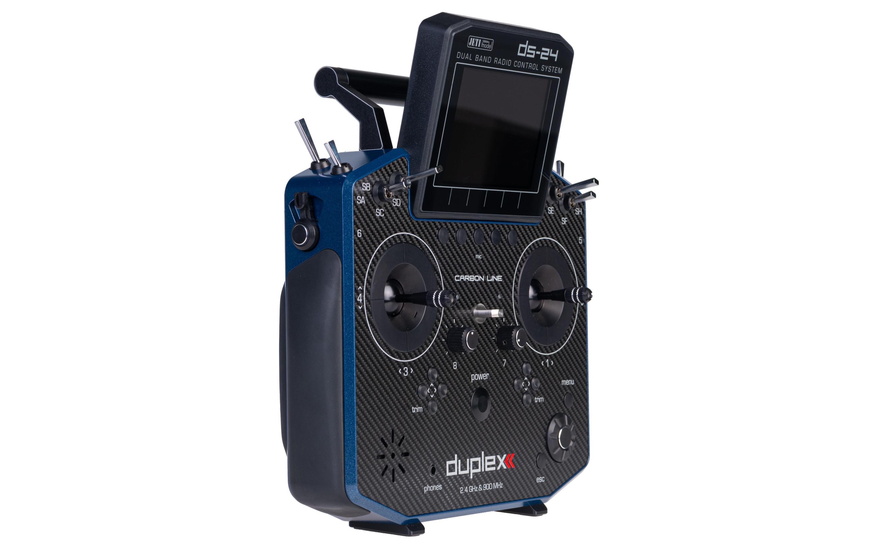 Fernsteuerung DS-24 Carbon Line Dark Blue 24 Kanal Duplex EX<br>Professioneller 24-Kanal Sender mit Geber auf Rückseite und Carbon-Frontplatte