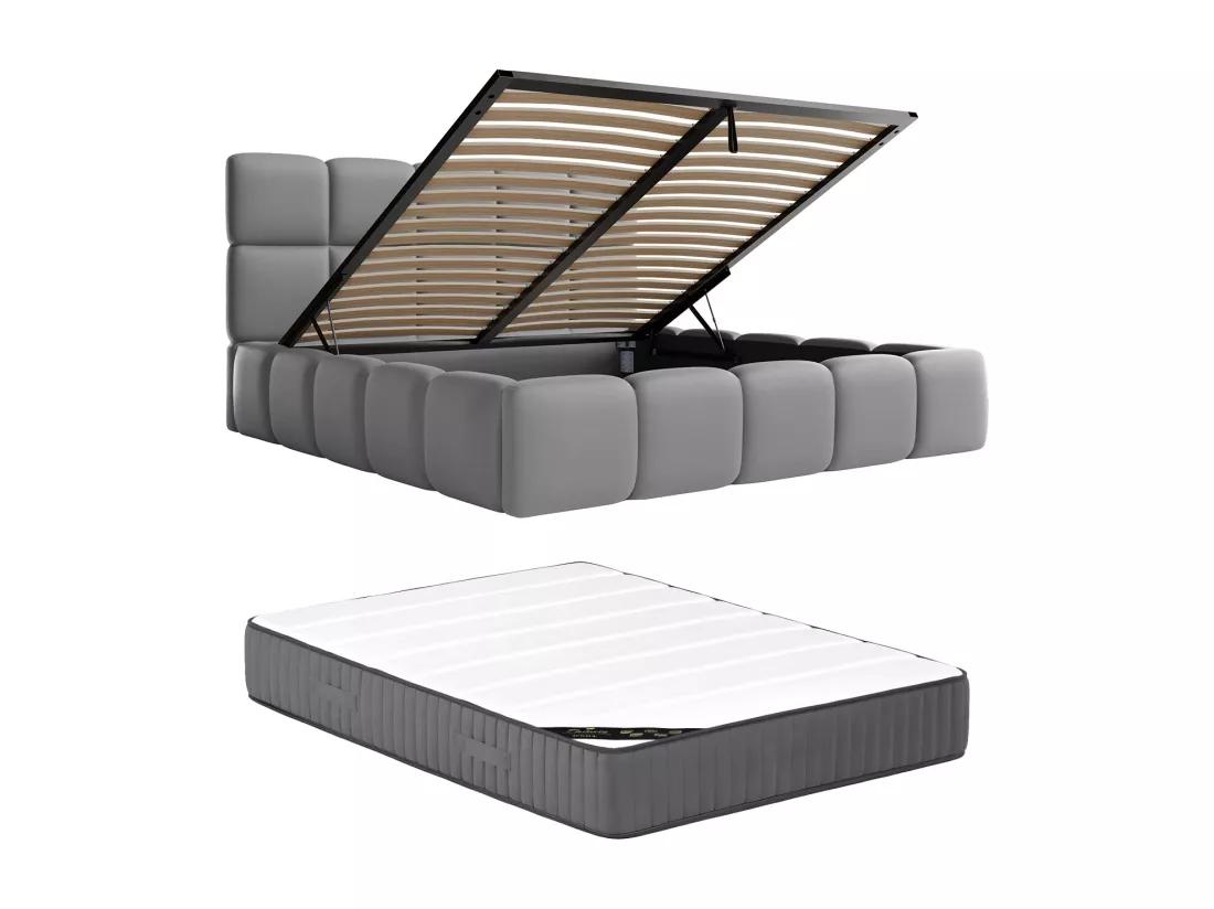 Lit coffre 160 x 200 cm - Tissu effet cuir - Gris + Matelas - DAMADO de Pascal Morabito