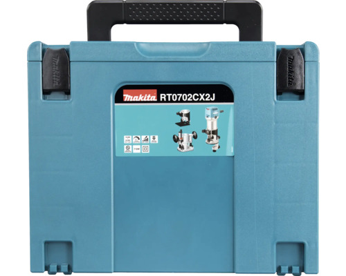 Makita RT0702CX2J 710W bovenfrees met één hand, slaghoogte 0-40 mm inclusief bovenfrees-, hoek- en randfreesmodules in MAKPAC maat 4