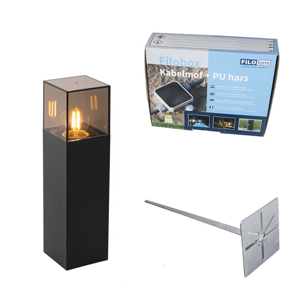 Buitenlamp zwart met smoke glas met grondpin en kabelmof 30cm IP44 - Denmark