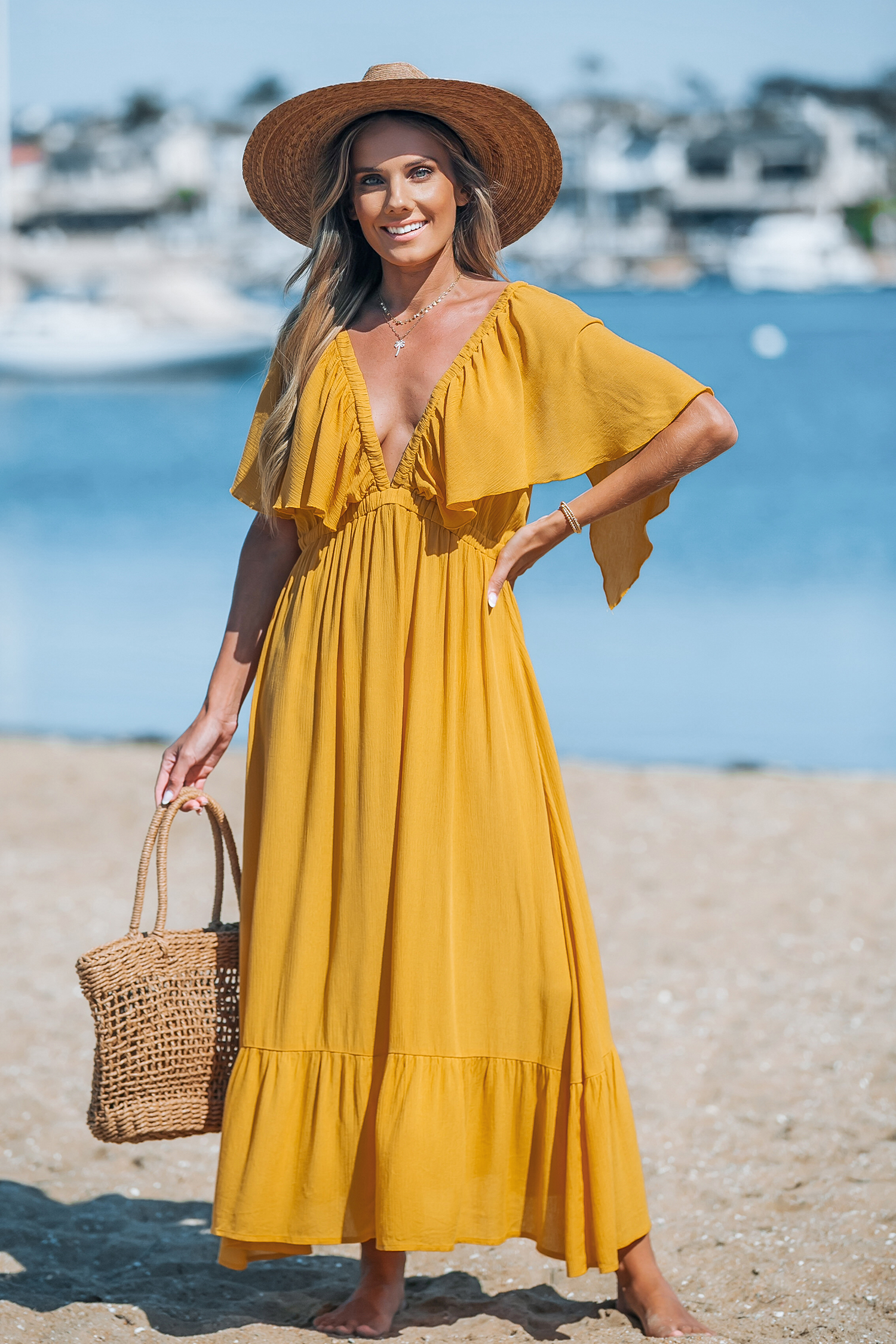 Robe midi avec manches papillon et col plongeant jaune
