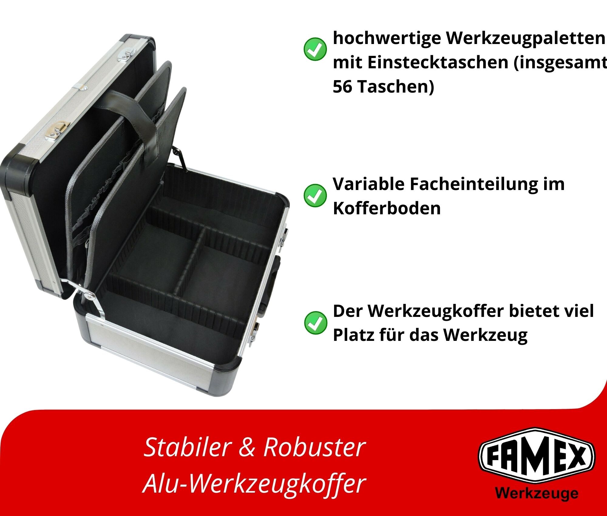 FAMEX 700-L Alu Werkzeugkoffer (leer) mit 2 Paletten mit 56 Einstecktaschen