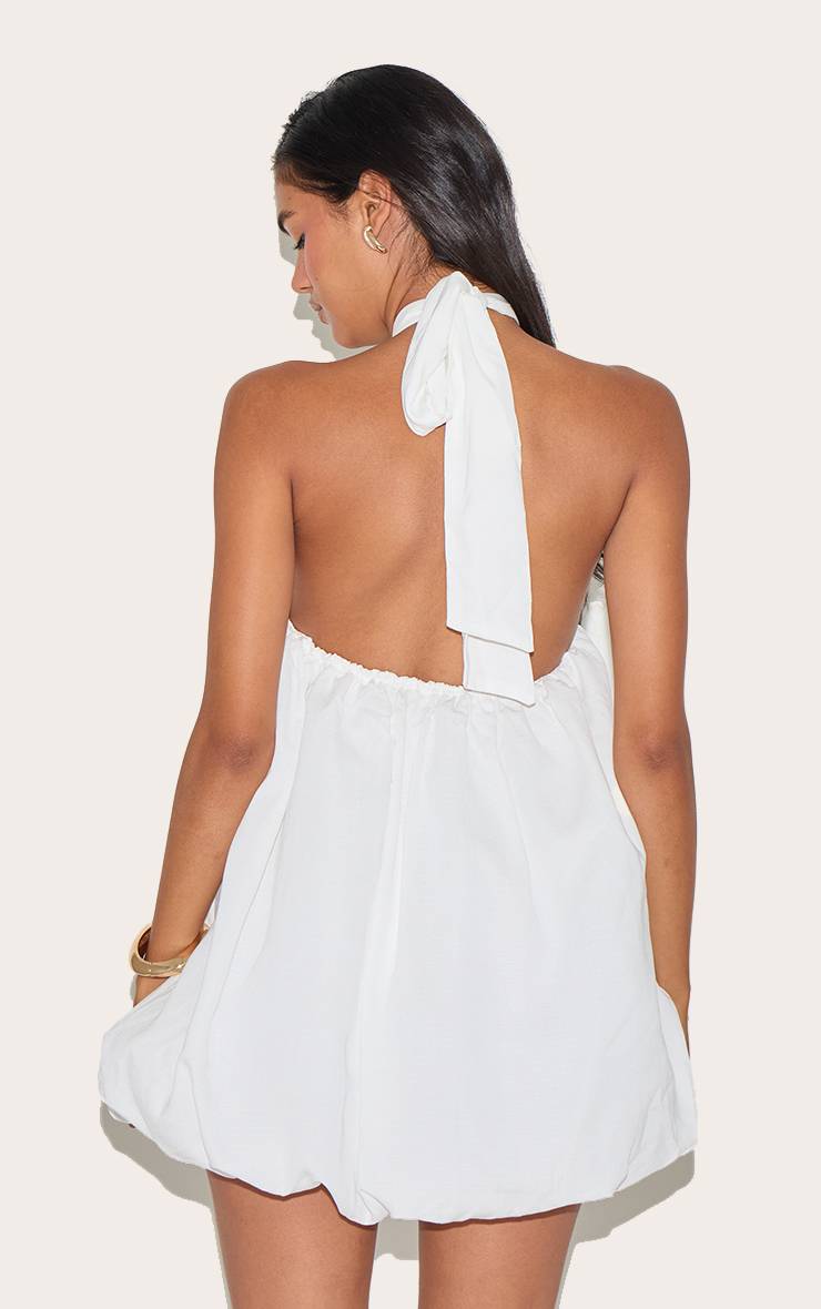 Blanc Robe Mini Bouffante Imprimée À Col Licou