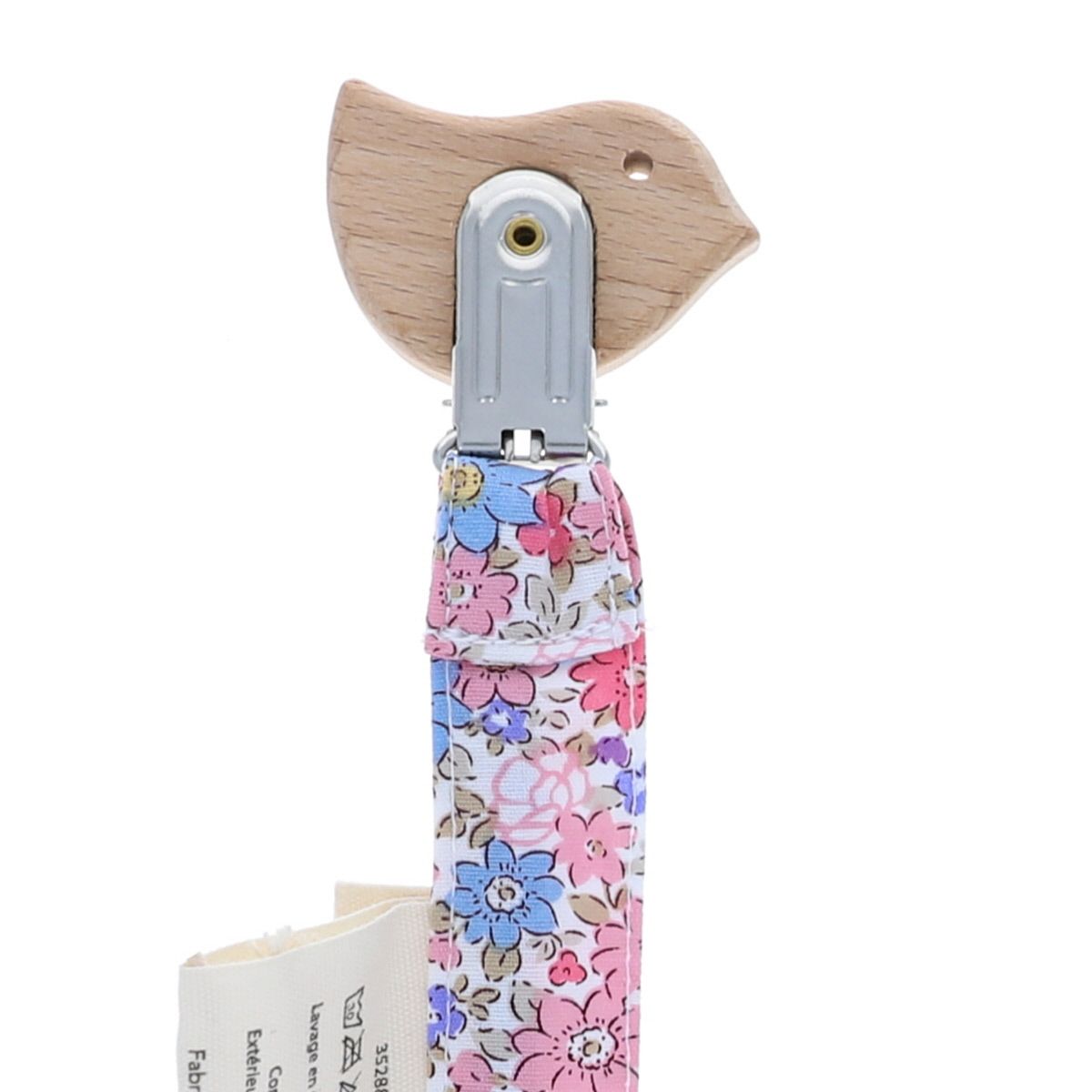Attache tétine oiseau fleuri bleu et rose Jolie saison