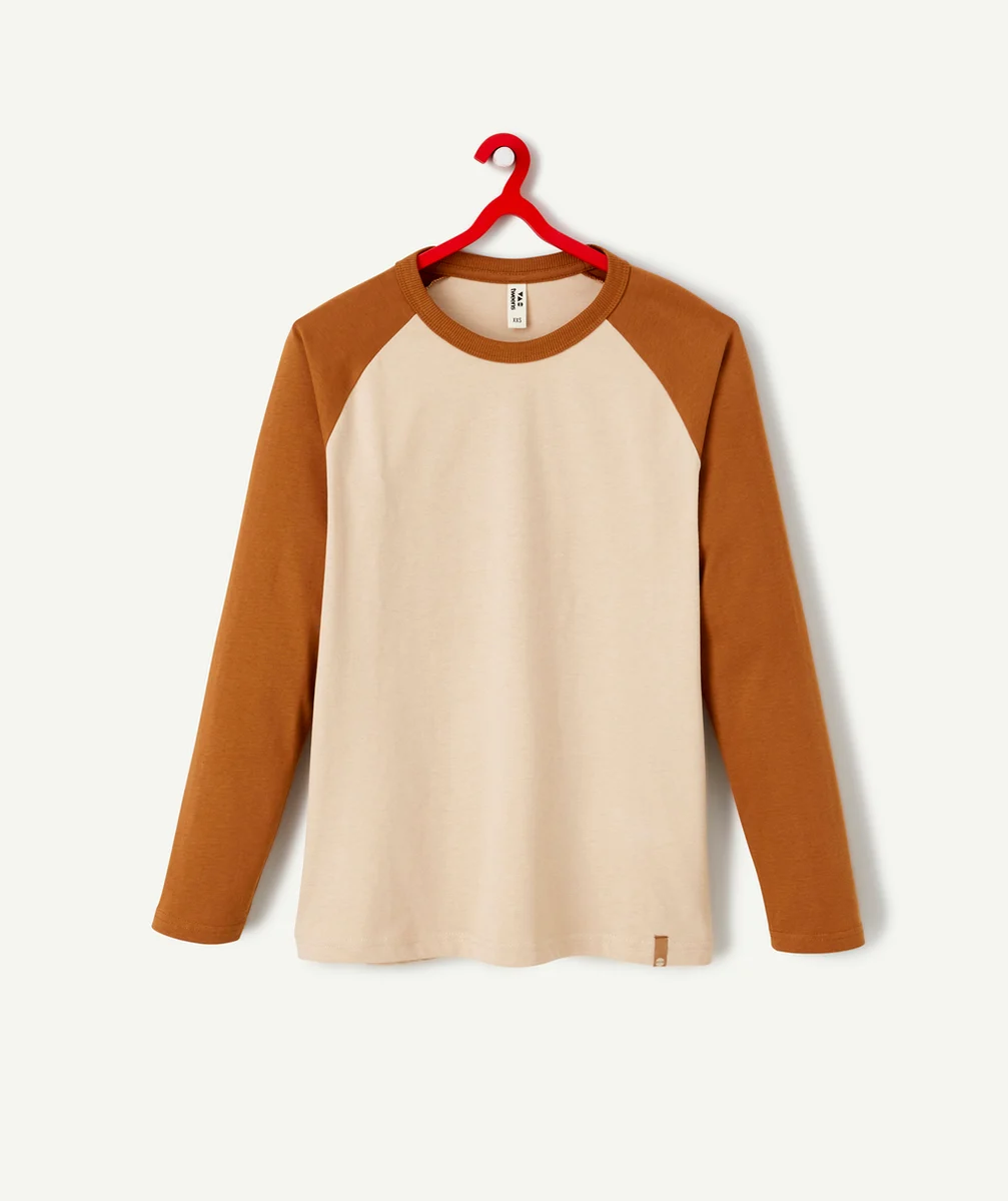 T-SHIRT MANCHES LONGUES GARÇON EN COTON BIOLOGIQUE BEIGE ET MARRON