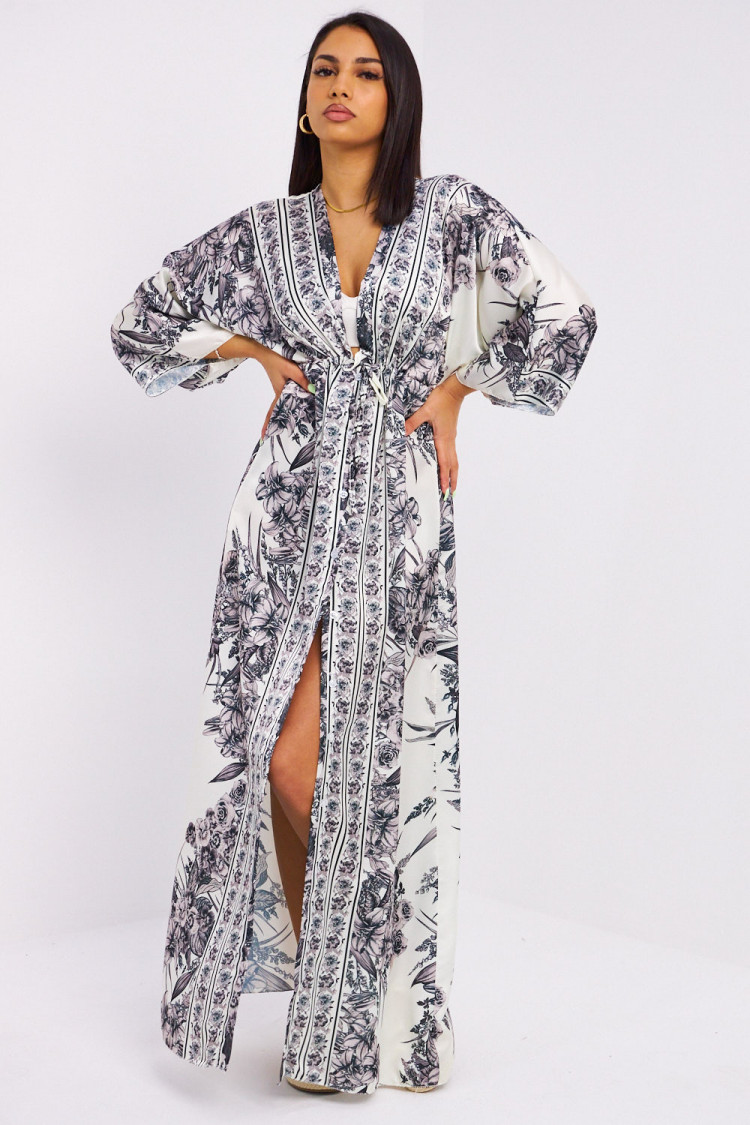 Robe chemise noire à fleurs col v