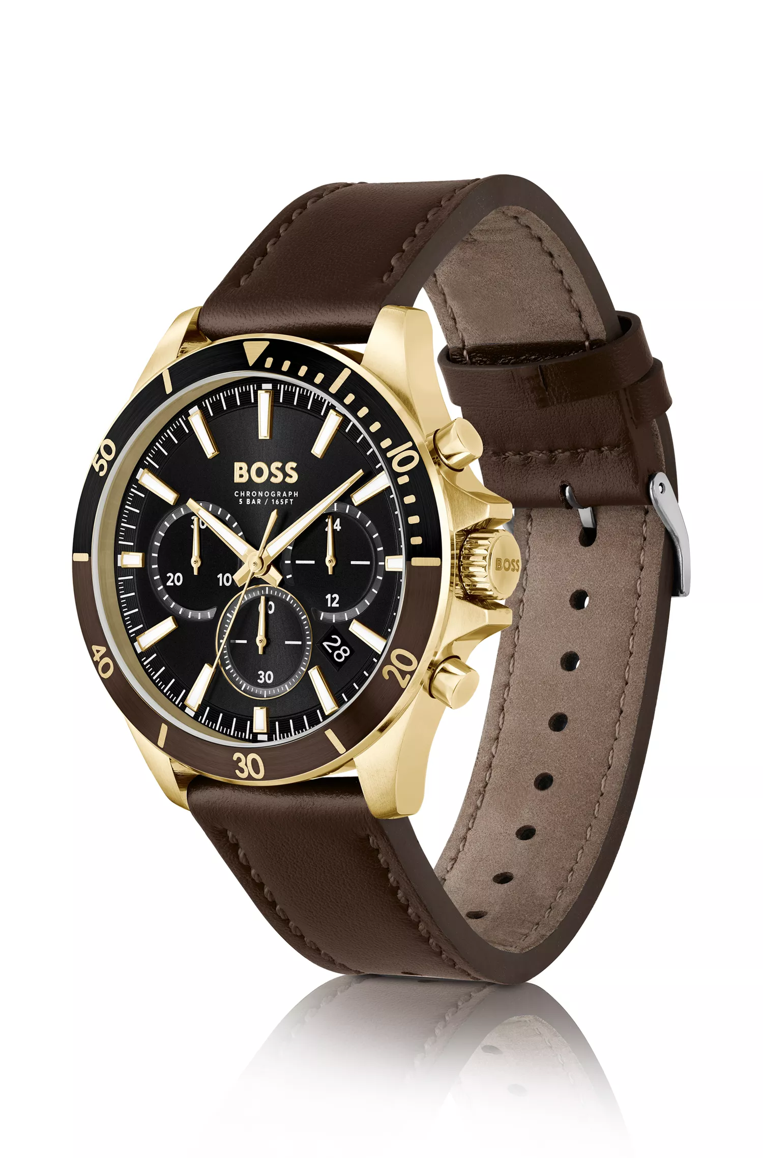 Relógio BOSS Black-Chrongraph com pulseira de couro marrom