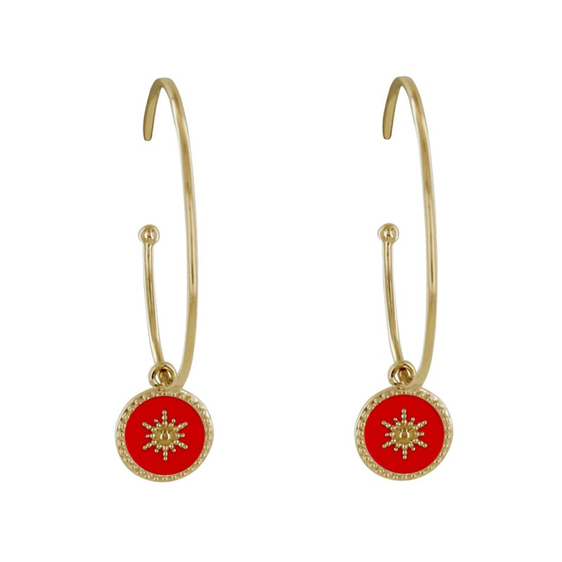 Boucles d'Oreilles Plaqué Or Demi Créoles Soleil Émail Corail