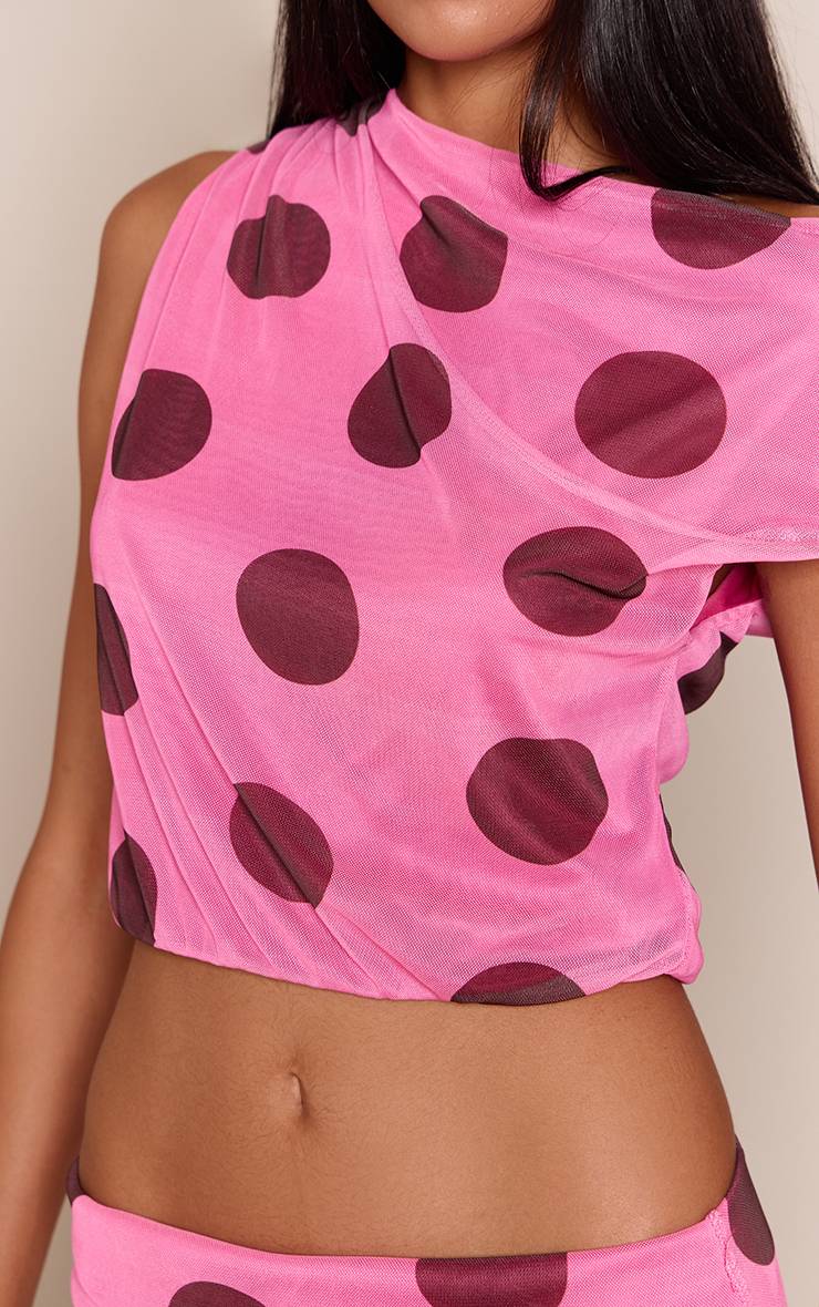 Rose Top Court Asymétrique En Mesh À Pois