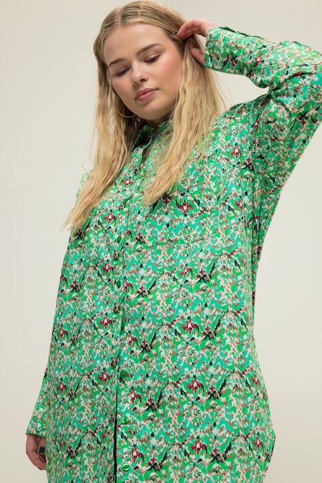 Hemdbluse, oversized, Tribalprint, Knopfleiste, Hemdkragen