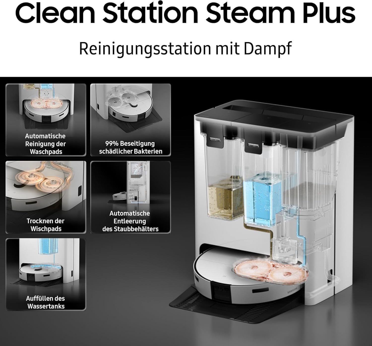 Samsung VR7MD96B14G/WD Bespoke Jet Bot Combo Steam Plus, Saugroboter mit Wischfunktion, 5 W Saugleistung, 0,25 l Staub / 0,1 l Wasser, Clean Station Steam Plus, AI Bodenerkennung, Satin Greige