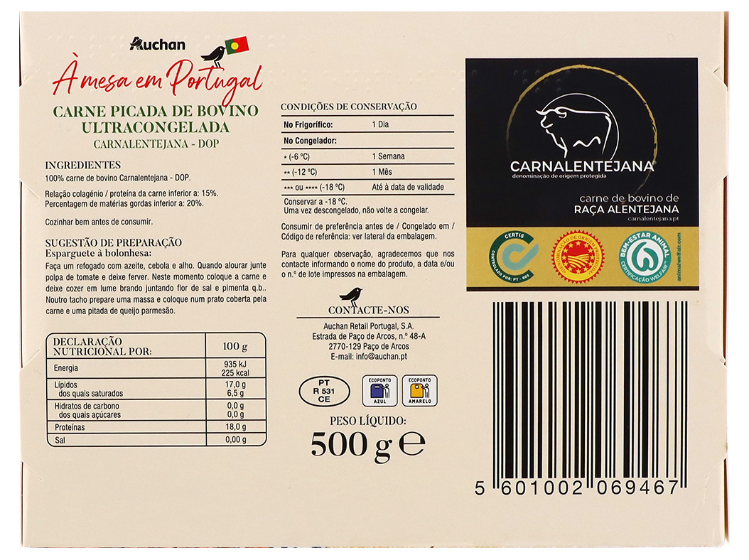 CARNE PICADA DOP AUCHAN À MESA EM PORTUGAL 100% BOVINO ALENTEJANO 500G