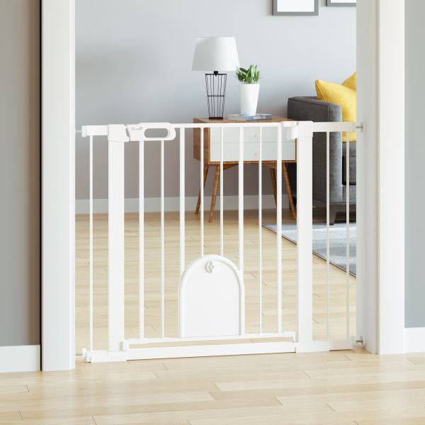 PawHut Barreira de Segurança de Cães Animais de Estimação para Escadas e Portas 75-103cm com 2 Extensões Fechamento Automático e Sistem - D06-110V01WT