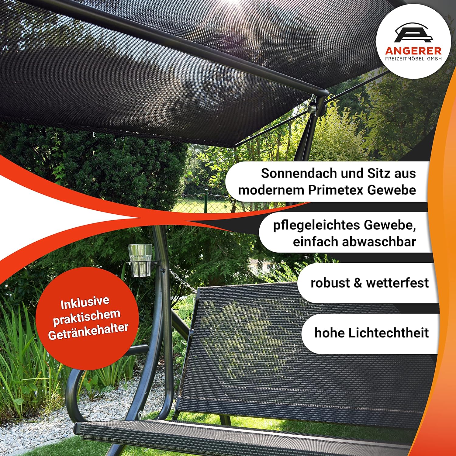 Angerer Hollywoodschaukel Elegance Joy – Schaukel zum Sitzen, Liegen & Entspannen, inkl. Bett-Funktion, einfache Montage, Made in Germany, hochwertiger Stoff, Dunkelgrau