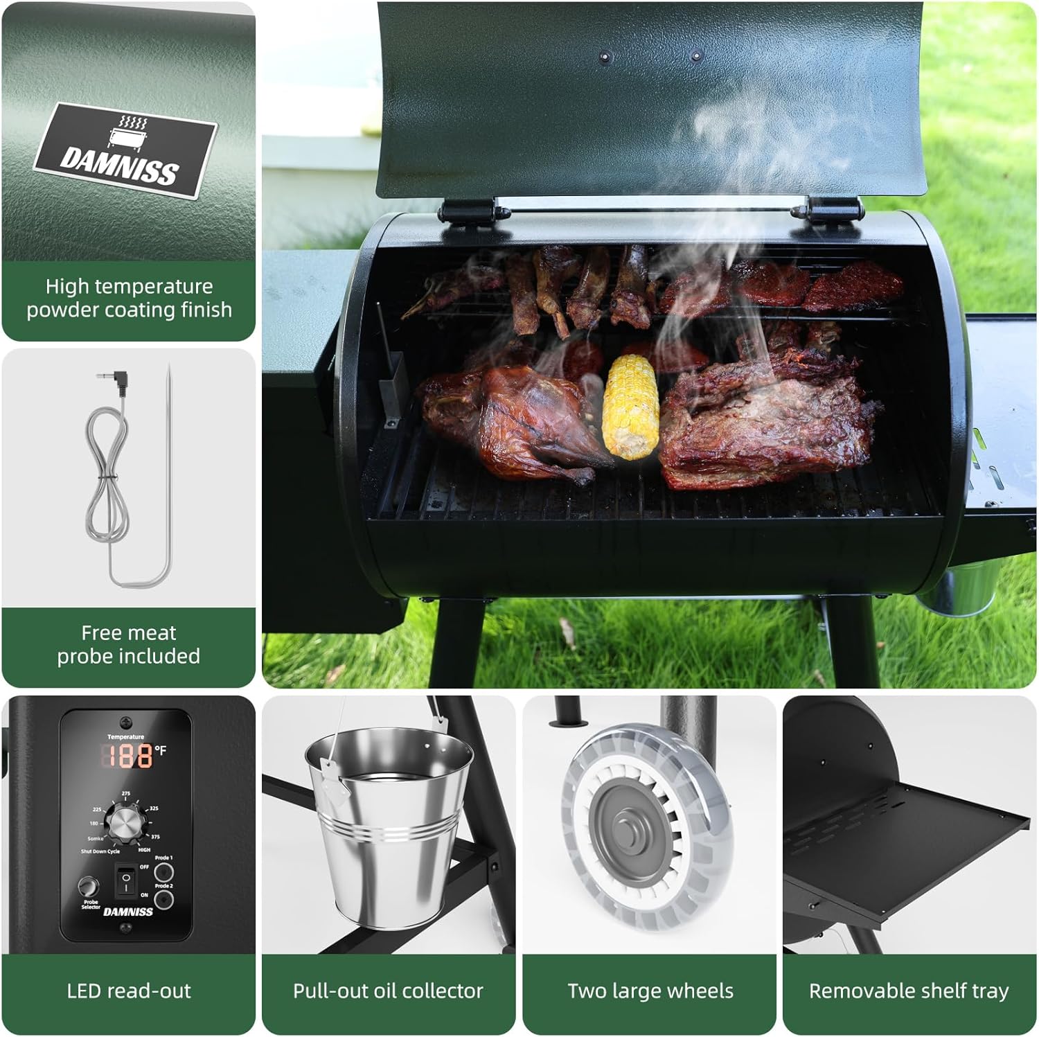 Grills HWPG-305C Elektrischer Holzpellet-Räuchergrill, 456 m² Kochbereich, Pelletgrill mit automatischer Zufuhr und PID-Temperaturregelung (82-230 °C), 8-in-1 BBQ Grill & Fleischsonde für