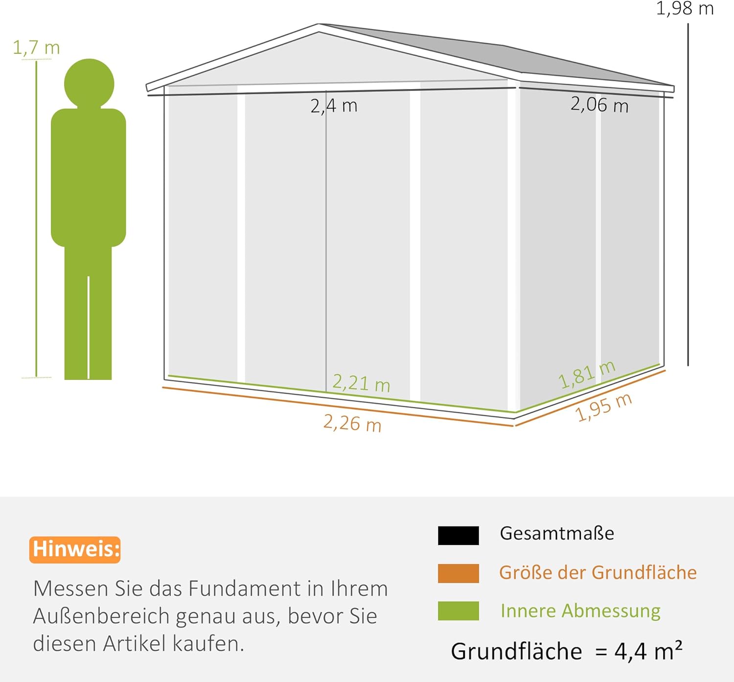 Outsunny Gerätehaus 4,4 m², Gartenhaus mit Pultdach, Schiebetür, Fundament, Einfach Montage 240 x 206 x 198 cm, Geräteschuppen aus Verzinkter Stahl, wetterfest, für Garten, Dunkelgrau