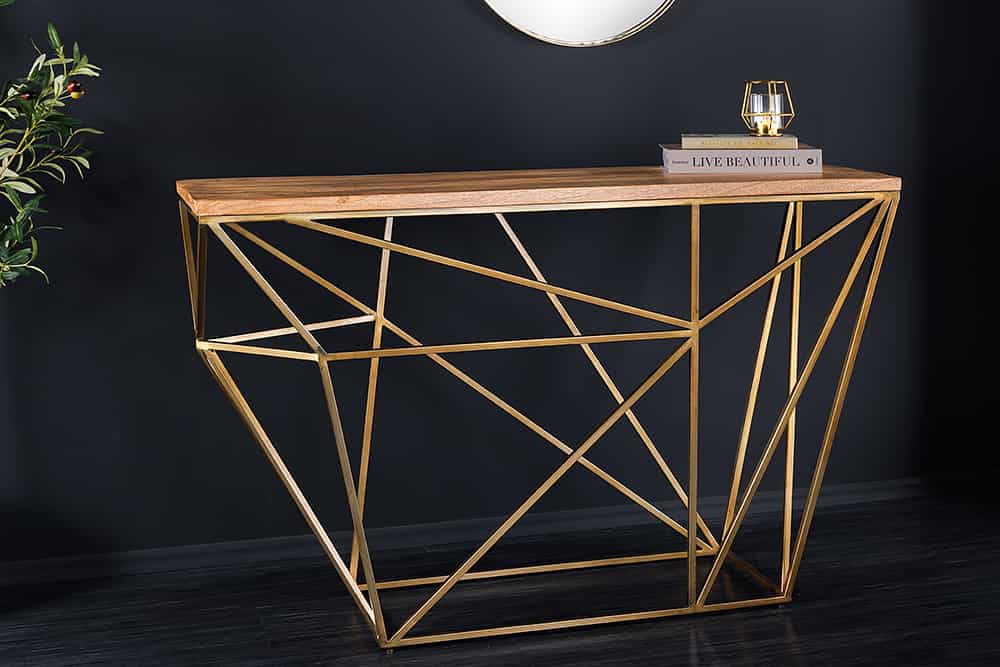 Abstrakter Konsolentisch DIAMOND 120cm natur messing Mangoholz Metallgestell