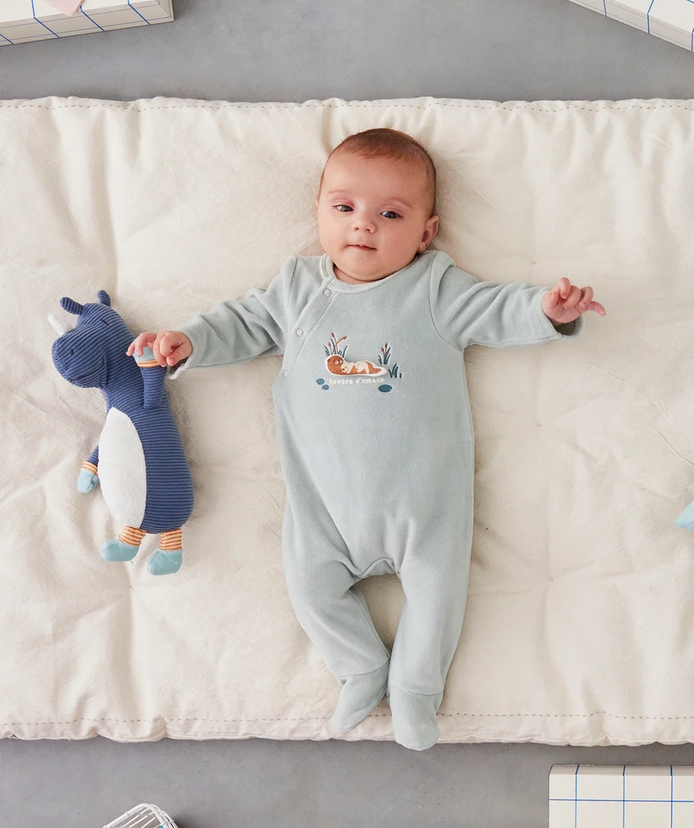 DORS BIEN VELOURS EN COTON BIOLOGIQUE VERT MOTIF LOUTRE