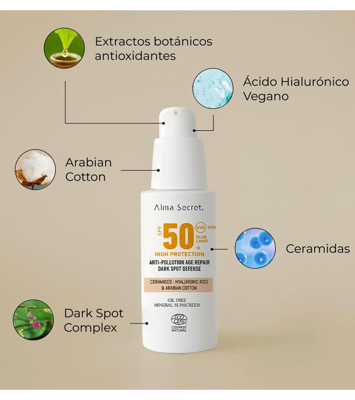 Alma Secret - Protetor solar facial FPS50 com cor - Areia