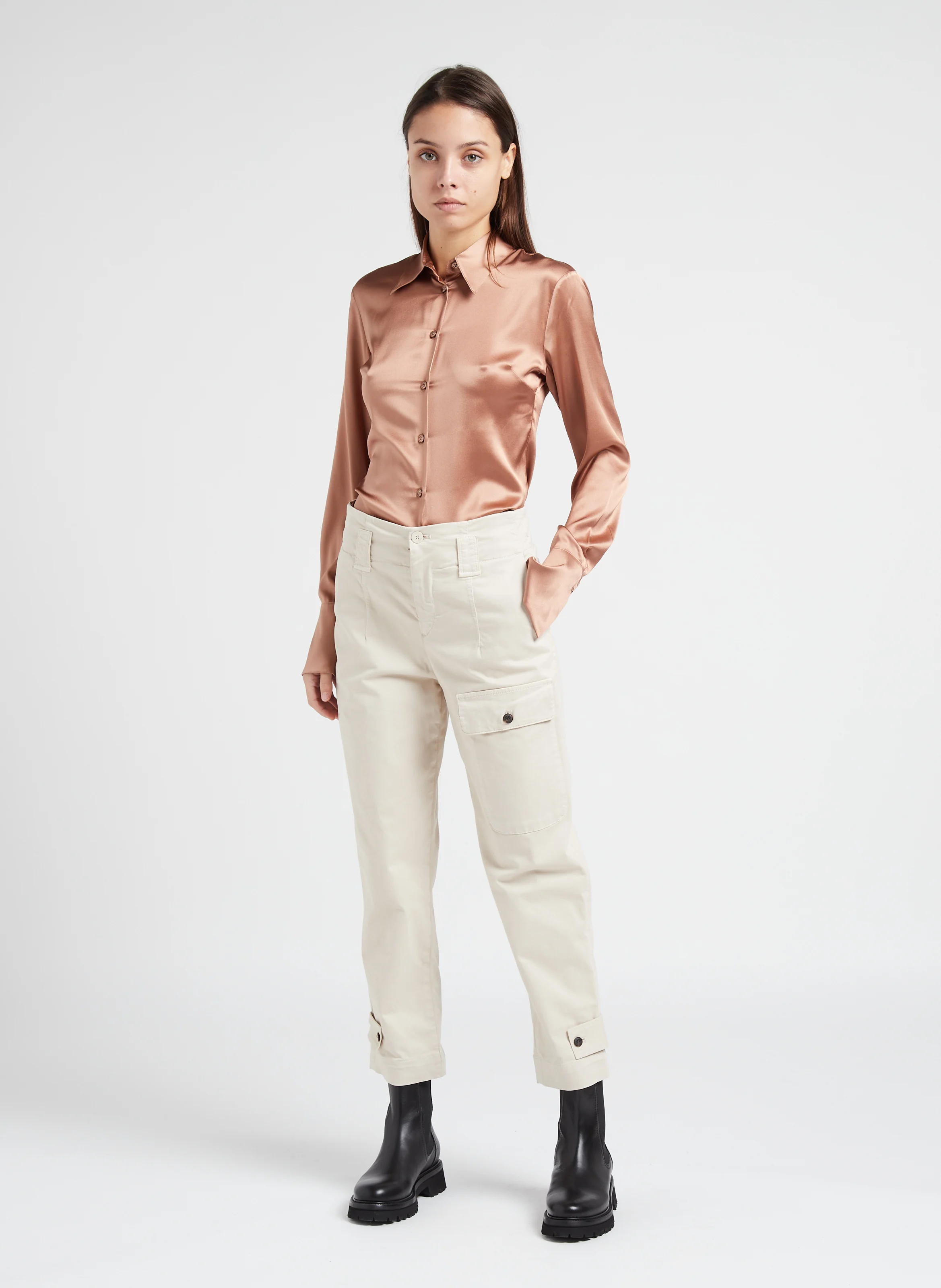 CRIMINALE - Chemise satinée en soie stretch| Marron