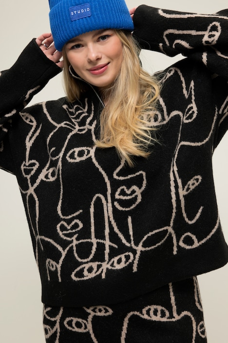 Troyer, oversized, Face-Silhouetten, Stehkragen mit Zipper