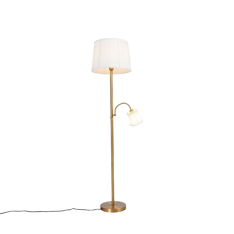 Klassieke vloerlamp brons stoffen kap wit met leeslamp - Retro