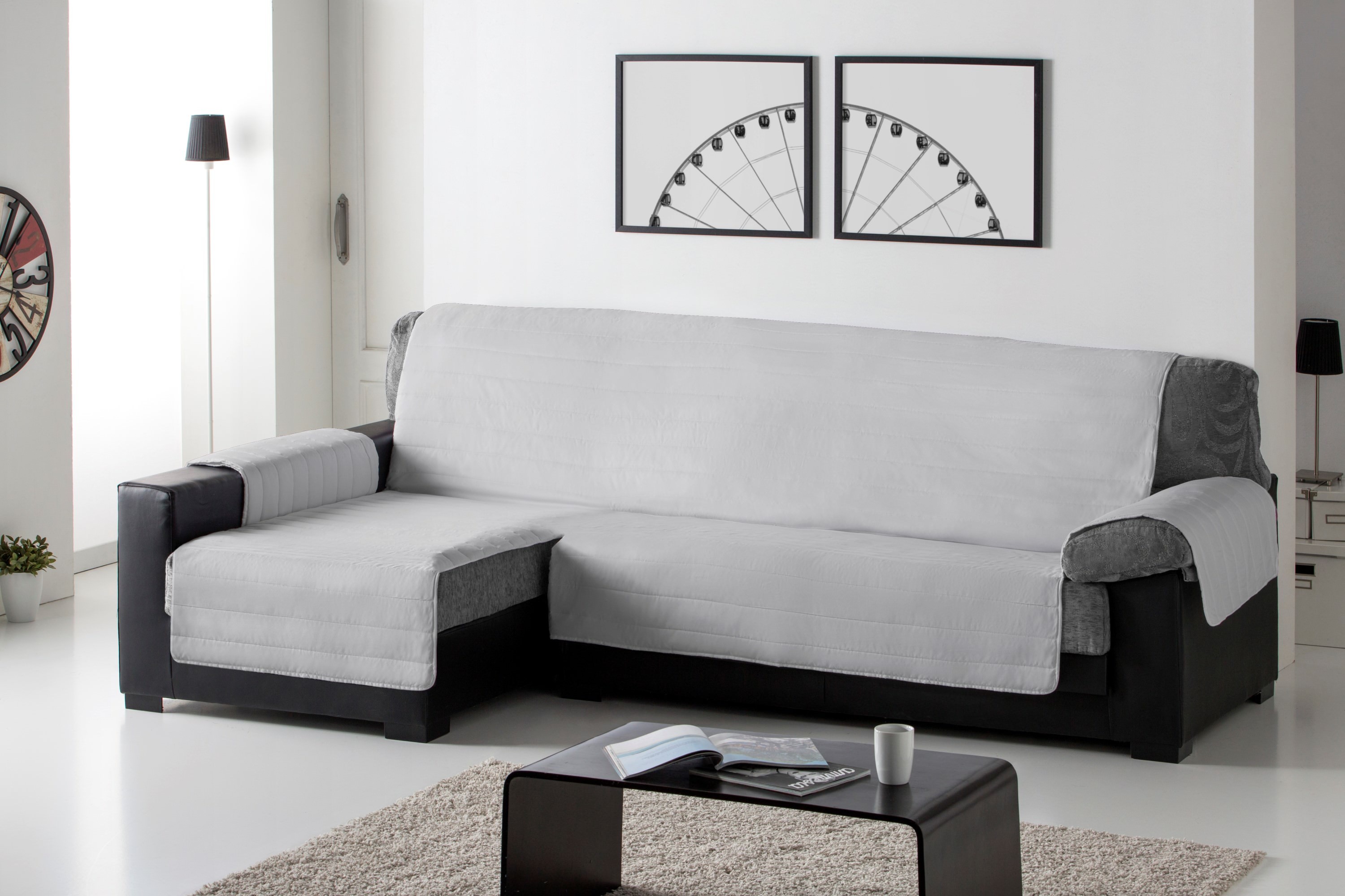 Capa acolchoada para chaise longue esquerda em cinza claro