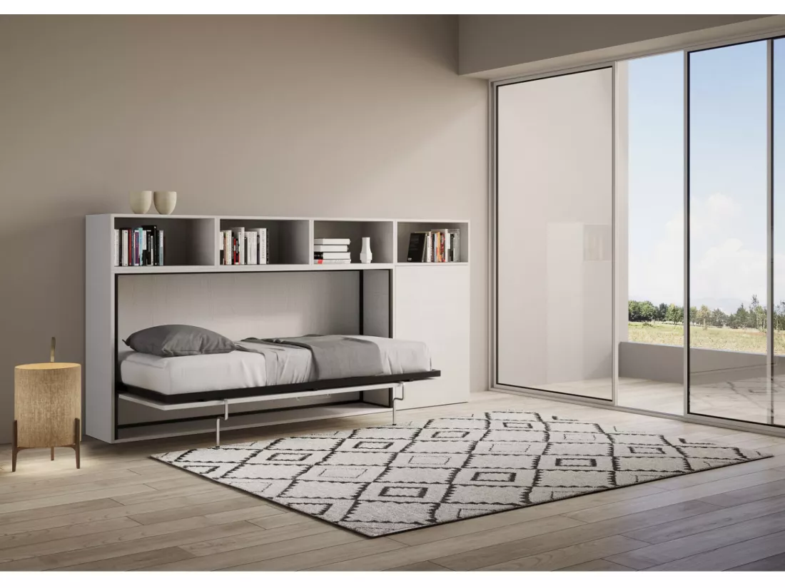 Lit escamotable horizontal blanc Bounto 85x185 avec rangement composition A-1 matelas 85x185