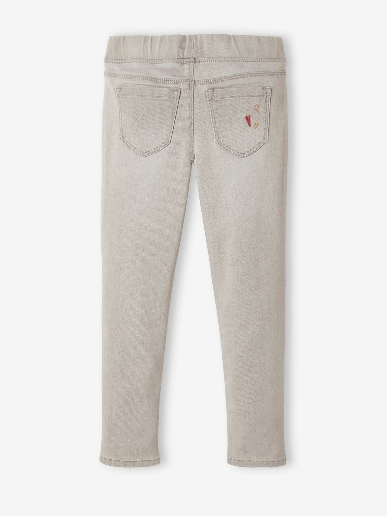 Calça legging feminina em tecido atoalhado bordado com efeito jeans, na cor cinza jeans.
