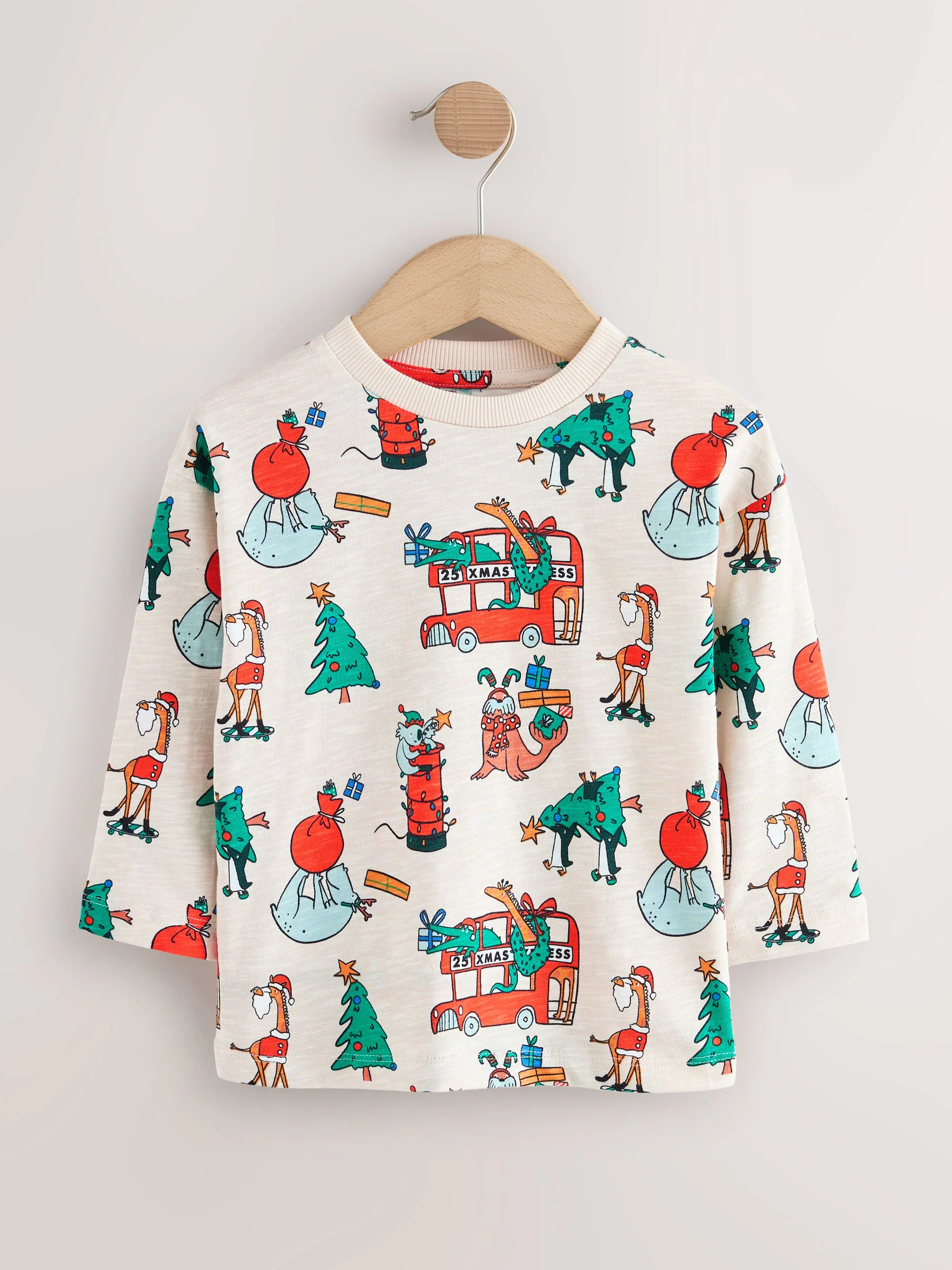 Kiezelkleurige all-over print - Kerst-T-shirt met lange mouwen (3mnd -8jr)