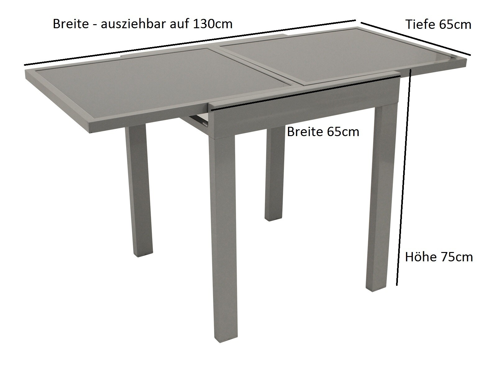 DEGAMO Balkon-Ausziehtisch AMALFI 65/130x65cm, Aluminium + Glas