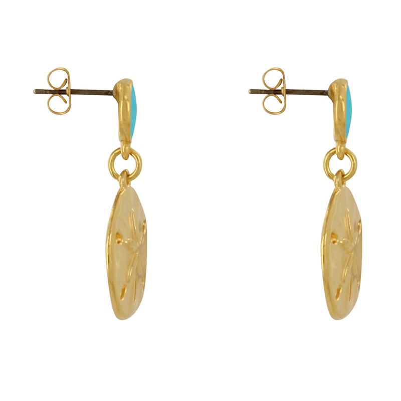 Boucles d'Oreilles Laiton Doré Rond Coloré et Dollar des Sables