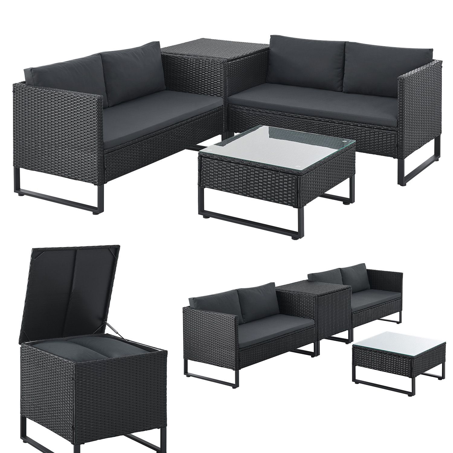 Juskys Polyrattan Lounge Santorini - Outdoor Sitzecke mit Beistelltisch & Auflagenbox - Schwarz