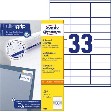 Avery Zweckform 3421 Universal-Etiketten,A4 mit ultragrip,70 x 25,4 mm, 100 Bogen/3.300 Etiketten, weiß