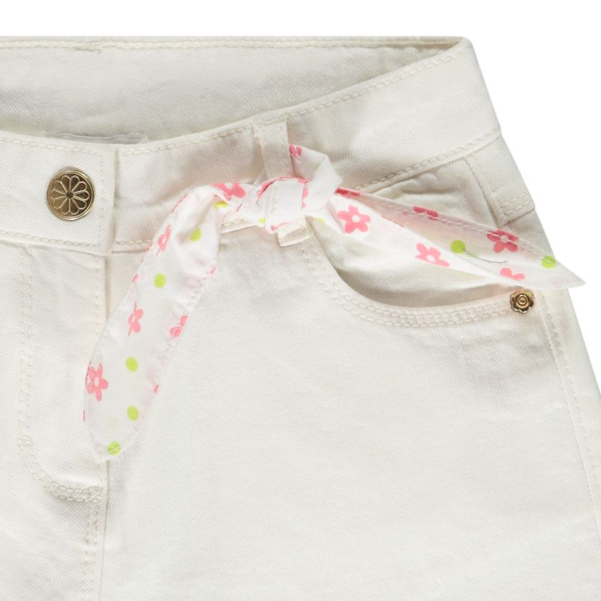 Bermuda en denim avec foulard fleuri pour fille - Ecru