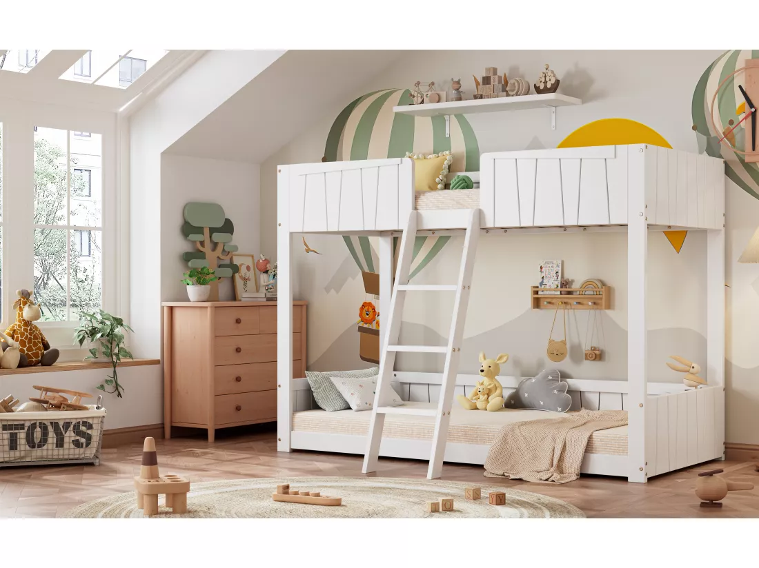 Lits superposés 2 x 90 x 200 cm avec échelle et barrières de sécurité - pin + MDF - blanc (sans matelas)