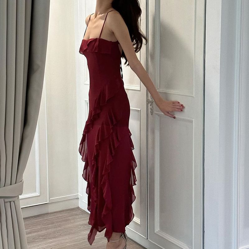 Sugarcoat - Spaghettibandjes, effen, geplooide mesh maxi-jurk met split