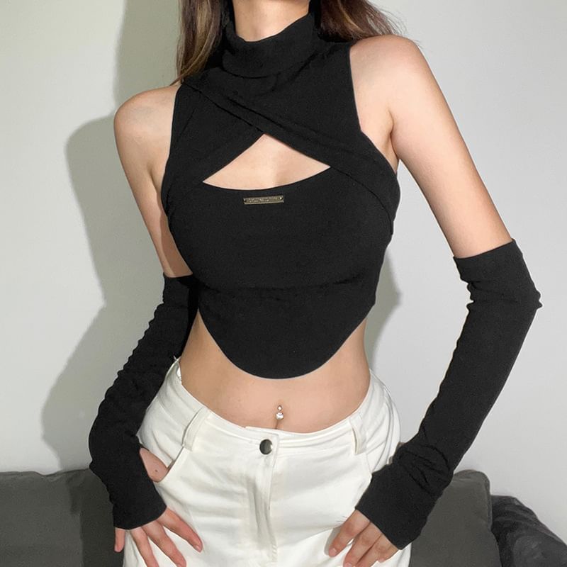 Sugarcoat - Set: Halter-hals cutout effen crop top + mouwen